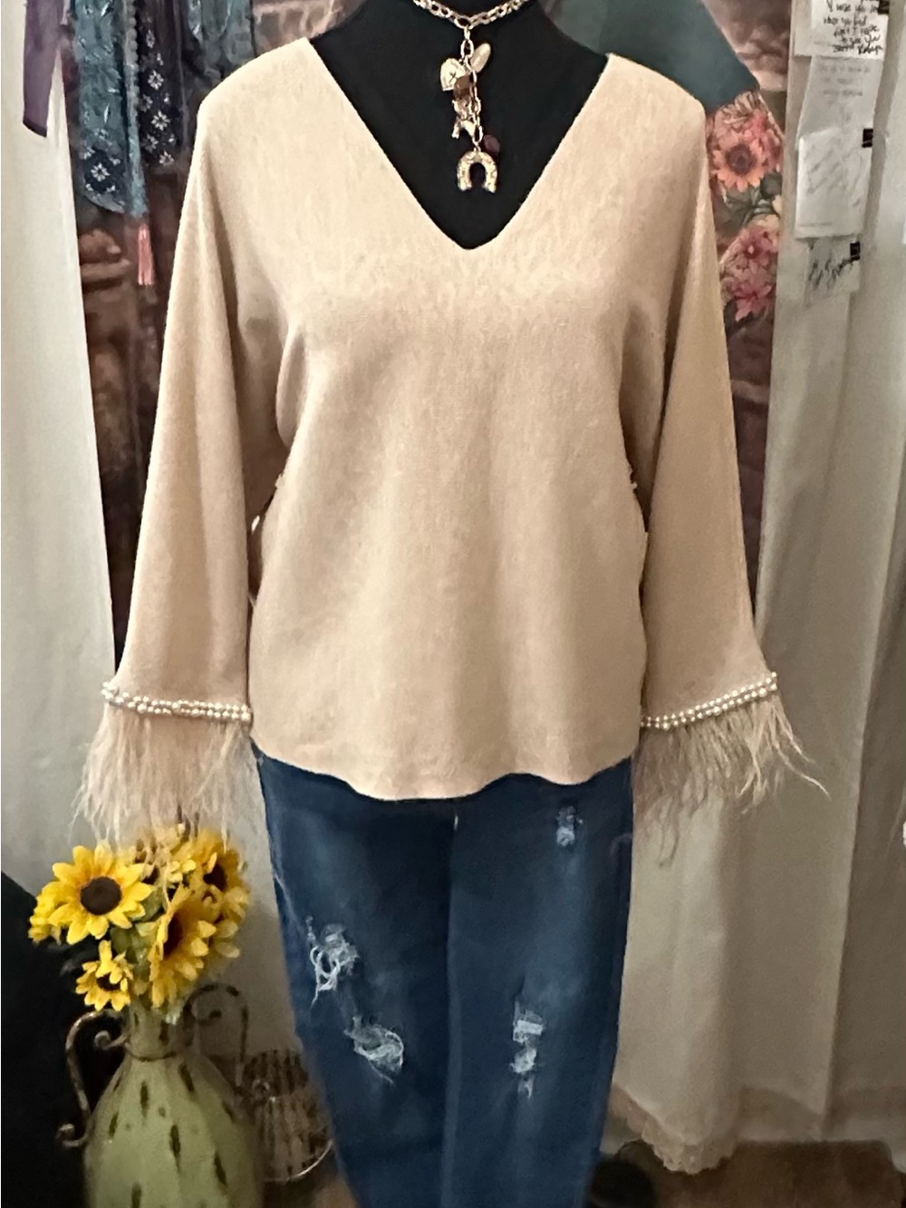Beige V-Neck Pearl Shag Cuff Sweater